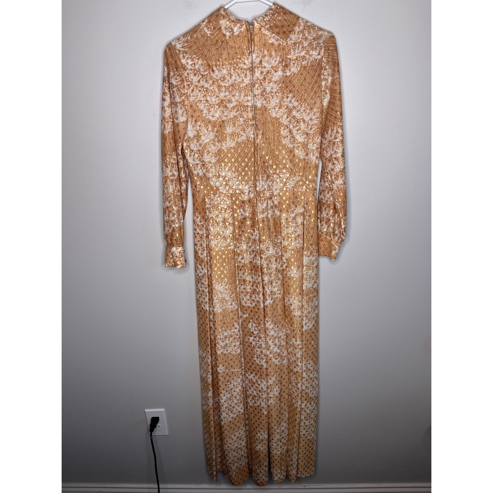 1970s Nancy Greer Metallic Gold Salmon Disco Glam Regency Event Maxi Dress M - Picture 4 of 7